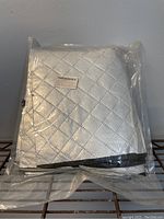 Folded silver quilted windshield cover in sealed clear plastic packaging, designed for windshield and side mirrors.