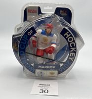 Front view of the hockey figure of Markov in original World Cup of Hockey 2016 Russia packaging showing figure and packaging condition.