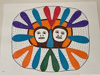 Colorful Inuit ink artwork showing two stylized faces with colorful teardrop shapes and dotted background on Dorset Fine Arts paper