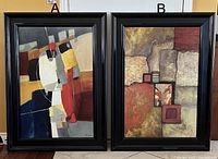 Two framed large abstract pictures labeled A and B showing geometric and textured abstract art with dark wood frames.