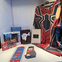 Lot items arranged on surface: Spiderman T-shirt hung on a hanger, two craft sock kits, pizza, hot dog and popcorn socks in package, beige pillowcases, brown hand cloths, and navy shower curtain in box.