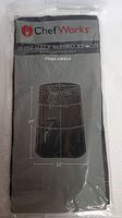 Front packaging of sealed black wide half bistro apron with white and red Chef Works branding and apron size illustration