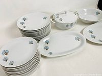 Multiple pieces of white porcelain dinnerware including plates, serving bowls, covered bowl, and platter arranged for display. All feature matching floral pattern in blue and brown.