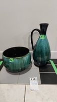 Blue Mountain Pottery set showing the bowl and pitcher, showing relative size and overall appearance.