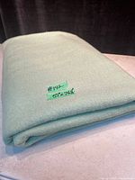 Photo of folded light green vintage wool blanket with label showing dimensions 57" x 76.5".