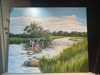 Full view of oil painting depicting three children by a river crossing stepping stones with grassy banks and distant trees under a blue sky with clouds.