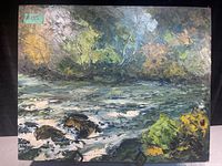 Vintage oil painting on board depicting a textured landscape of water, trees, and rocks in autumn colors.