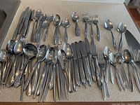 Overall view of a large assortment of stainless steel flatware including knives, forks, spoons, and serving spoons arranged on a countertop.