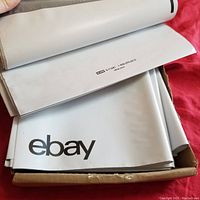 Opened box showing white poly mailers with black 'ebay' logo.