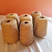 Six cones of bisque brown rayon chenille yarn, arranged on a flat surface, showing the overall quantity and shape of cones.