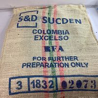 Front of burlap sack with Sucden and Colombia Excelso branding and preparation instructions