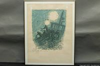 Framed lithograph with abstract art showing circular lights and mechanical/architectural elements, signed by artist in bottom left.