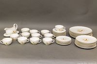 Full set arranged with cups and plates, gravy boat on the left, showing overall composition.