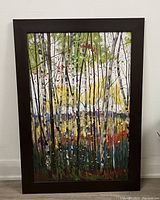 Frontal view of the large framed birch tree print with colorful foliage.