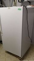 Full side and front view of white upright freezer on rolling platform with handle and power cord visible.