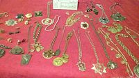Full lot of various vintage costume jewelry pieces displayed on red fabric, including necklaces, brooches, pins, and earrings.