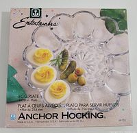 Photo of the front of the original box showing the egg plate with three deviled eggs, olives, and pickles. States 10 inch plate, model 69105.