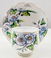 Tea cup and saucer displayed with floral Morning Glory pattern, front view showing full cup and saucer.