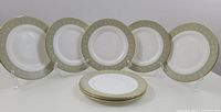 Set of 8 Royal Doulton Sonnet luncheon plates arranged standing and stacked, showing pattern and gold trim