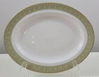 Full view of the oval serving platter showing the white base and the ornate light green and gold floral patterned border.