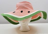 Front view showing pink crown with black seeds and wide brim with green and white bands.