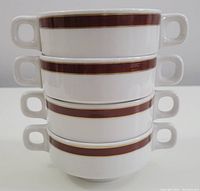 Stacked image of four Royal Doulton double handle soup bowls showing brown band with gold trim near rim and side handles.