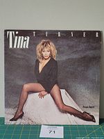 Front cover of Tina Turner Private Dancer album with Tina sitting in black outfit and heels.