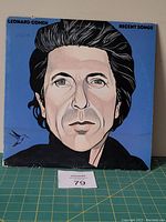 Front cover of Leonard Cohen's 'Recent Songs' LP featuring an illustrated portrait on a blue background.