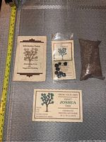 Full kit including information packet, seed packet, and soil packet displayed on a mesh surface with measuring tape nearby.