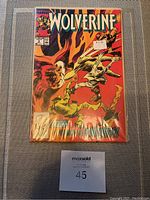 Front cover photo of Marvel Wolverine #9 comic book depicting Wolverine in a fiery backdrop, sealed in plastic.