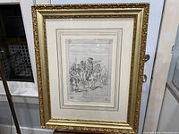 Full view of framed drawing showing carved gilded wood frame, mat, glass and overall presentation