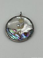 Front view of the round pendant showing mother of pearl background with abalone shell figure and sun motif inside sterling silver frame.