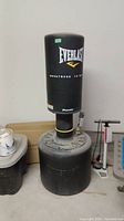 Full view of the freestanding boxing bag showing the black base and tall punching surface with Everlast logos.