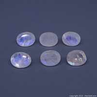 Six oval cabochon cut rainbow moonstone gems displayed on a dark background, showing the blue flash characteristic of the stones.