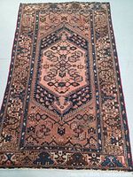 Full view of rectangular hand-knotted wool rug showing central medallion and border patterns