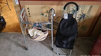 Both items side by side: metal walker with attached grocery bag and the foldable black fabric shopping cart bag with metal frame
