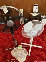 Three fans: Classic white stand fan, black Airworks fan, and smaller unbranded white fan on red carpet.