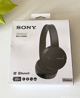 Front view of Sony WH-CH500 wireless stereo headset box showing product image and connectivity features.