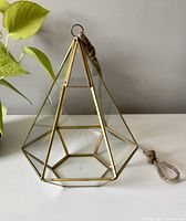Clear glass paneled hanging plant pot with brass edges, geometric shape, on white surface with a green plant in the background.