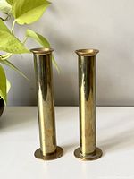 Full view of the pair of brass cylindrical candlestick holders with reflective surfaces and slight patina.