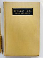 Front cover of beige hardcover book titled 'Brangwyn Talks' with author name William de Belleroche.