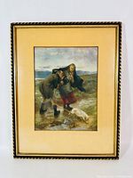 Framed print shows full image of the man, woman, pig, and landscape scene with cream mat and decorative frame.