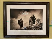 Full frontal photo of framed art showing two bison on a ridge with a cloudy background. Shows frame and matting detail.