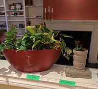 Two planters displayed on a white surface in front of a fireplace, showing both the large reddish-brown planter with mixed green and yellow foliage plants and the smaller textured light ceramic planter with a succulent.