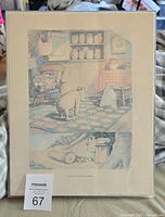 Front view of the vintage 1957 watercolor print showing Winnie the Pooh in two illustrated scenes inside a tan mat and frame.