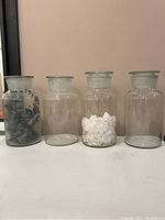 Front view of 4 large clear glass apothecary jars, two filled with contents and two empty, showing jars lined up on white surface.