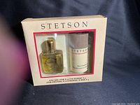 Vintage Stetson gift box containing unopened after shave lotion and deodorant with visible branding and packaging