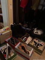 Photo showing multiple pairs of ladies shoes in boxes and a laundry basket, including dress shoes and sandals.