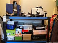 Shelf displaying shoes and handbags on top and multiple shoeboxes below.