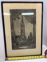 Framed black and white etching of a cathedral scene by Harry Draper Wallace.